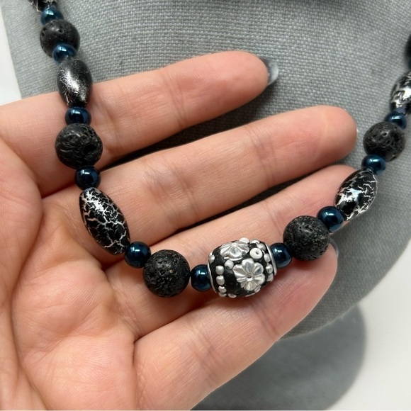 Classic Black Lava Rock Beaded Necklace with Blue and Black Marble Beads - Picture 10 of 11